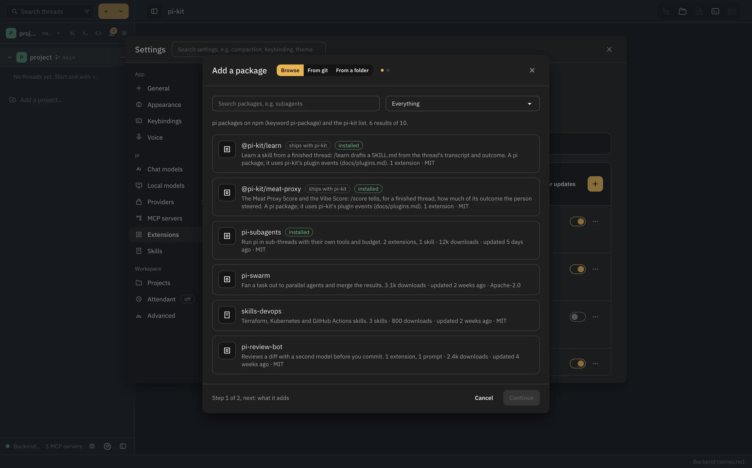 The current pi-kit package browser opened from Extensions and its Packages tab